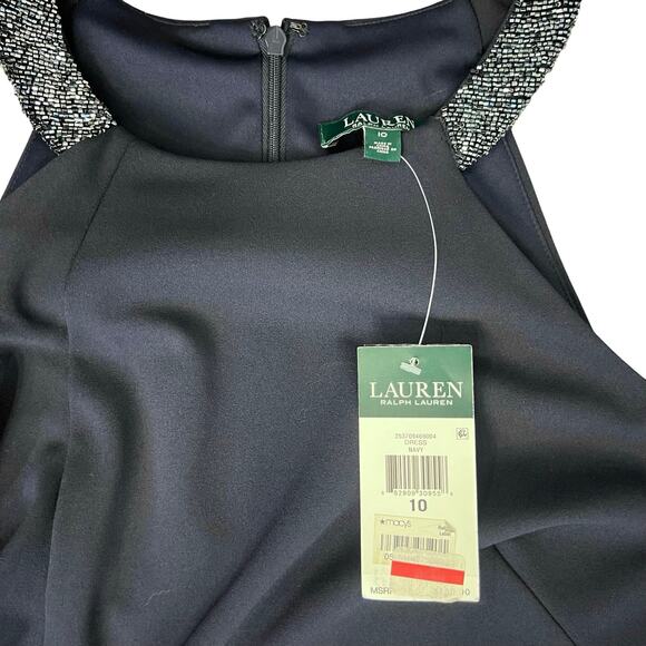 Lauren Ralph Lauren Navy Blue Beaded Halter Ruffle Sheath Dress size 10 NEW Tags - Picture 7 of 13